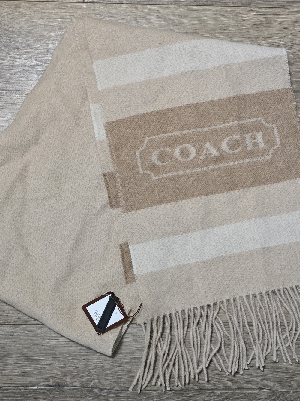 Coach Beige & Cream Striped Logo Fringe Scarf